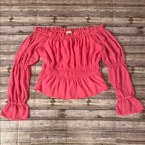 Wayf Romantic Pink Off-the-Shoulder Smocked Long Sleeve Blouse